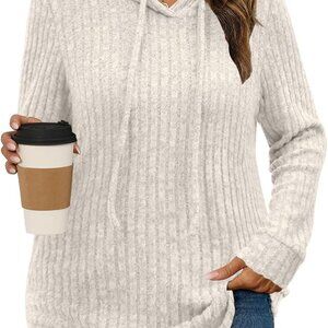 Elegant Plus Size Lightweight Ribbed Knit Hoodie Sweater L-4XL in Apricot